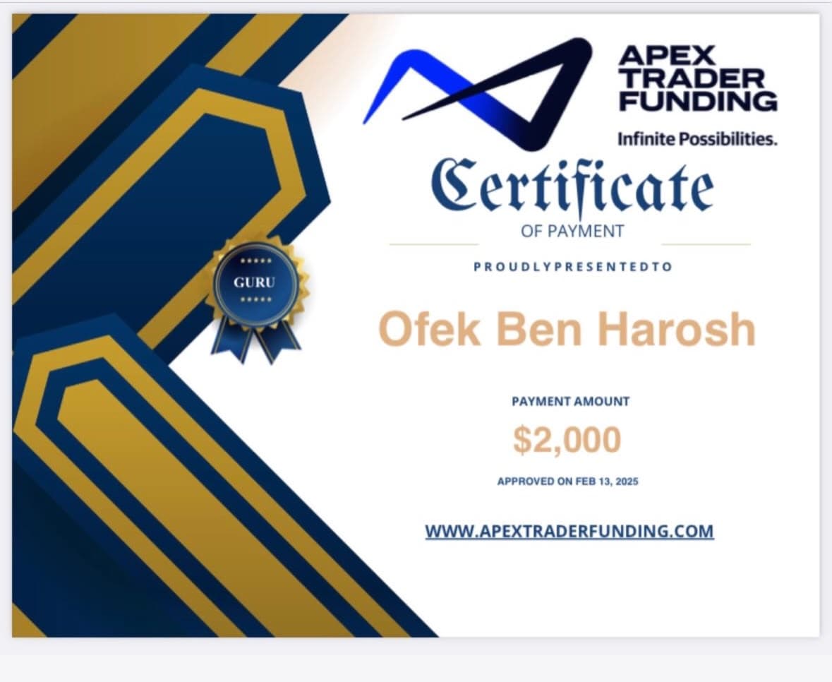 תעודת תשלום מ‑Apex Trader Funding על שם אופק בן הרוש
