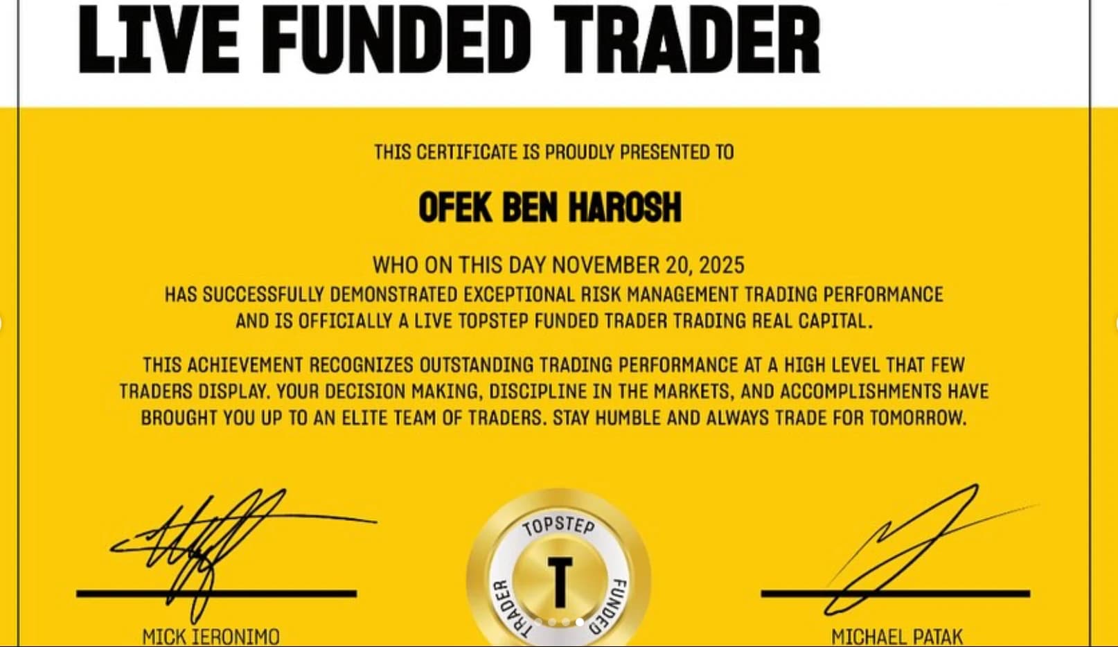 תעודת Live Funded Trader מ‑Topstep על שם אופק בן הרוש