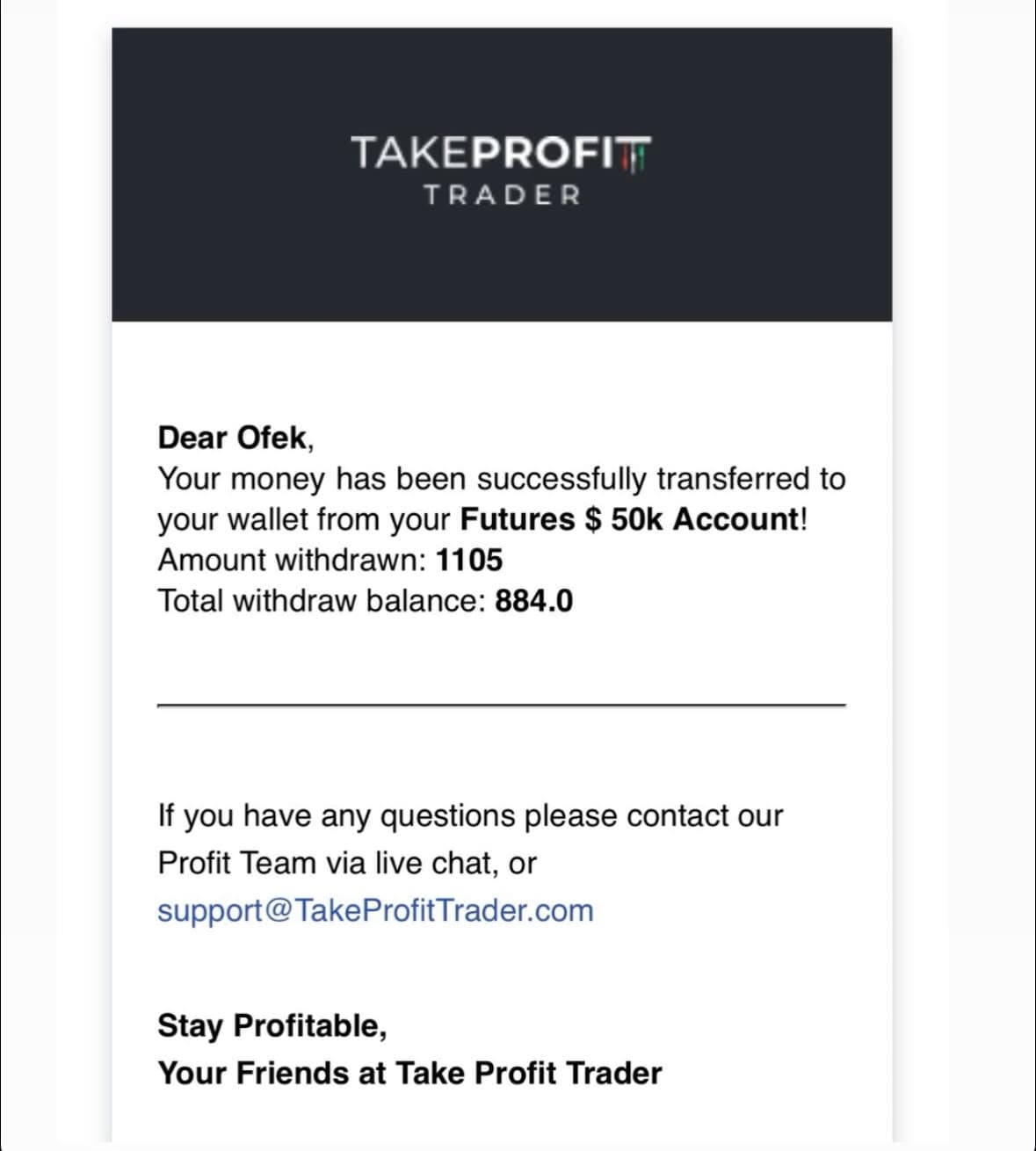 אישור משיכה מ‑Take Profit Trader על שם אופק