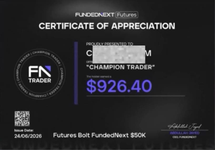 תעודת Champion Trader של תלמיד מ‑FundedNext על סך 926.40 דולר