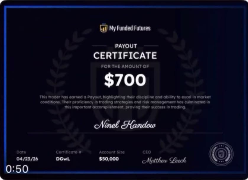 תעודת פייאוט של Ninel Kandow מ‑MyFundedFutures על סך 700 דולר